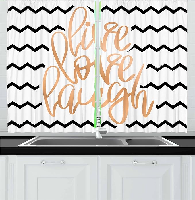 Ambesonne Live Laugh Love Kitchen Curtains, Motivational Calligraphic Artwork with Zigzags Chevron Stripes, Window Drapes 2 Panel Set for Kitchen Cafe Decor, 55" x 36", White Peach