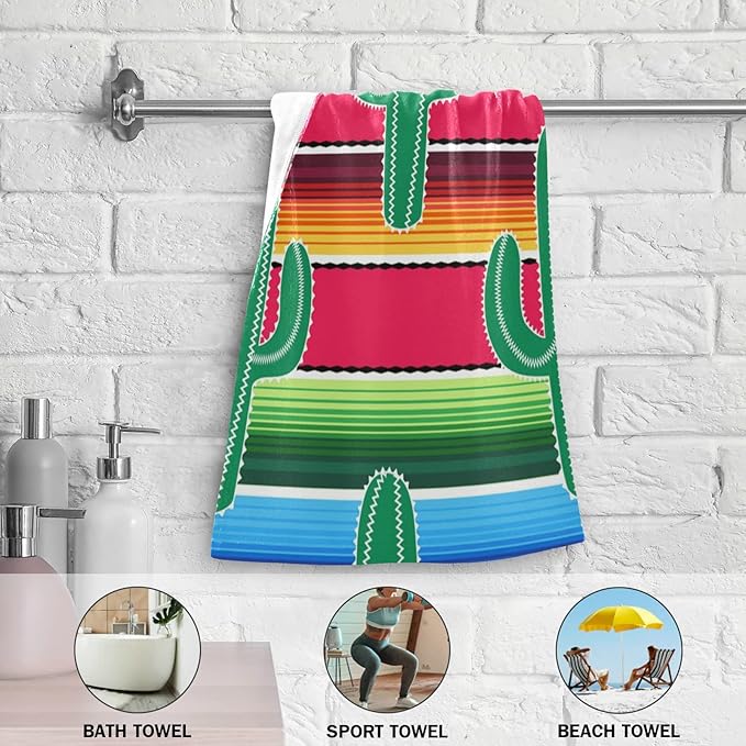 Towel Sets 2 Pack, Green Cacti on Colorful Stripes Bath Hand Towels Soft Absorbent Quick Dry for Bathroom Beach Kitchen Gym Travel