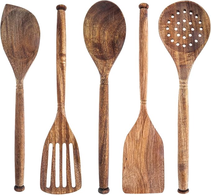 5pc Solid Acacia Wooden Kitchen Utensils Set Cooking Baking Home Essentials, 12 Inch