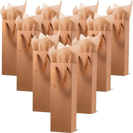 Zonon 24 Pieces Christmas Kraft Wine Bag Paper Wine Bag, Wine Bottle Bag Holder with Handles with Kraft Tissue Paper Retail Wine Bag Bulk for Wedding Party, 4 x 3.5 x 14 Inch(Brown)