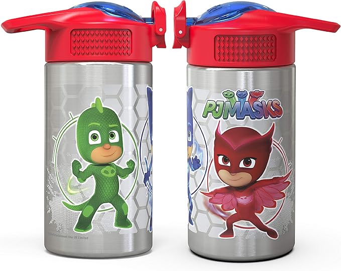 Zak Designs PJ Masks 15.5oz Stainless Steel Kids Water Bottle with Flip-up Straw Spout - BPA Free Durable Design, PJ Masks SS, Catboy, Owlette & Gekko, Single Wall