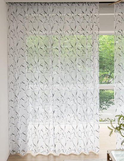 Windows Sheer Curtains Embroider Grey Leaf 63 Inches Length 2 Panels Voile Light Filtering Sheer Curtains Panel Basic Rod Pocket Sheer for Bedroom Living Room Children Room Kitchen Yard