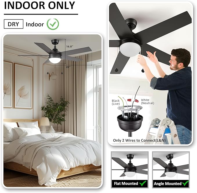 52 Inch Black Pull Chain Ceiling Fan with 2 in 1 Reversible Blade, 3-color LED Light, 5 Speeds Quiet Reversible DC Motor, 5 Plywood Blades Modern Ceiling Fan for Living Room, Bedroom, Kitchen