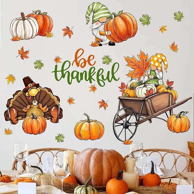 Mfault Thanksgiving Gnome Turkey Wall Decals Stickers, Be Thankful Fall Pumpkins Maple Leaves Decorations Bedroom Art, Autumn Harvest Season Farmhouse Home Kitchen Decor