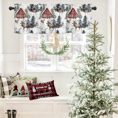 Vandarllin Christmas Valance Kitchen Curtains for Windows, Red Farmhouse Barn Rod Pocket Valances Window Treatments Elk Short Curtains for Bedroom/Living Room, 54" X 18" -1 Panel