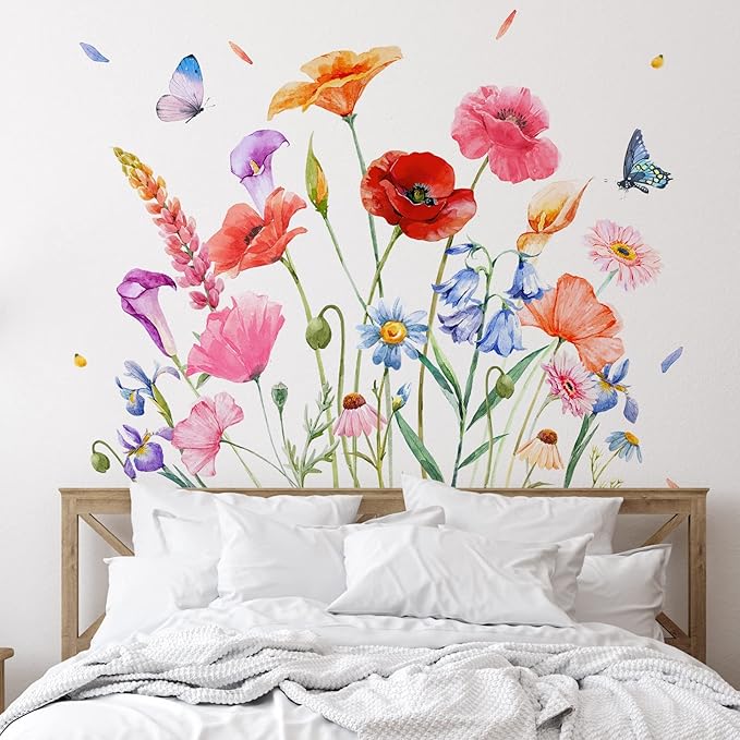 Zonon Flowers Wall Decals Vinyl Dragonflies Flowers Wall Stickers Removable Floral Wall Murals Peel and Stick Colorful Flower Wall Decor for Bedroom Living Room Nursery(Exquisite)