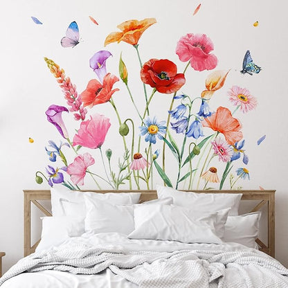 Zonon Flowers Wall Decals Vinyl Dragonflies Flowers Wall Stickers Removable Floral Wall Murals Peel and Stick Colorful Flower Wall Decor for Bedroom Living Room Nursery(Exquisite)