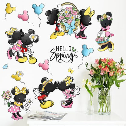 Mfault Hello Spring Cartoon Mouse Wall Decals Stickers, Daisy Flower Basket Balloon Decorations Bedroom Art, Butterfly Polka Dot Seasonal Home Kitchen Decor Party Supplies