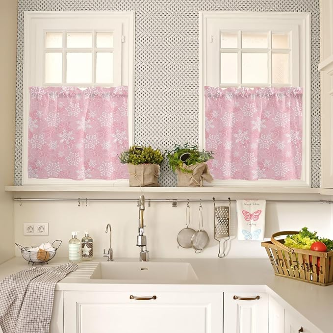 Vandarllin Christmas Kitchen Curtains and Valances Set, Pink White Snowflakes Pattern Windows Treatments Tiers Half/Short Curtains for Small Windows Cafe/Living Room/Bedroom 54x24 in Winter