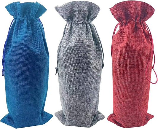 12 Pack Burlap Wine Bag Wine Bottle Gift Bags Pouches with Drawstring for Wedding Party Favors Christmas Holiday and Wine Tasting Party (Wine Red, Gray, Blue)