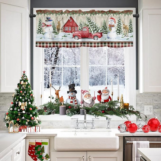 Vandarllin Christmas Valance Kitchen Curtains for Windows, Farm Red Truck Rod Pocket Valances Window Treatments Winter Holiday Snowman Short Curtains for Bedroom/Living Room, 54" X 18" -1 Panel