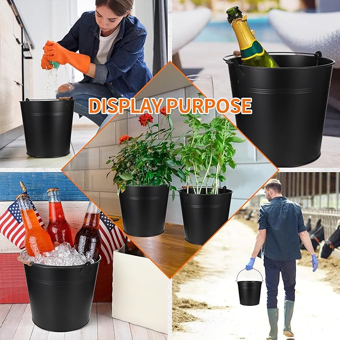 12 Pcs Large Galvanized Metal Buckets with Handle 10 Inch Heavy Duty Stainless Steel Pails Round Pail for Party Wedding, Crafts, Utensils, Table Centerpieces (Black)