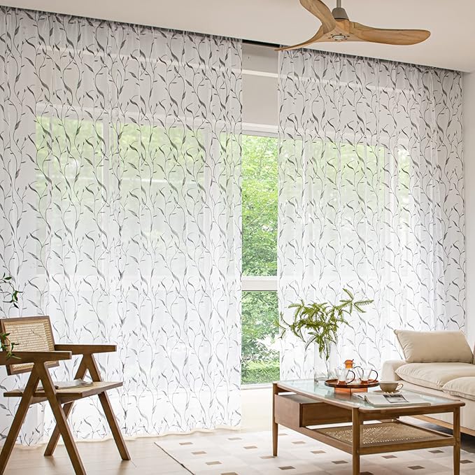 Windows Sheer Curtains Embroider Grey Leaf 63 Inches Length 2 Panels Voile Light Filtering Sheer Curtains Panel Basic Rod Pocket Sheer for Bedroom Living Room Children Room Kitchen Yard