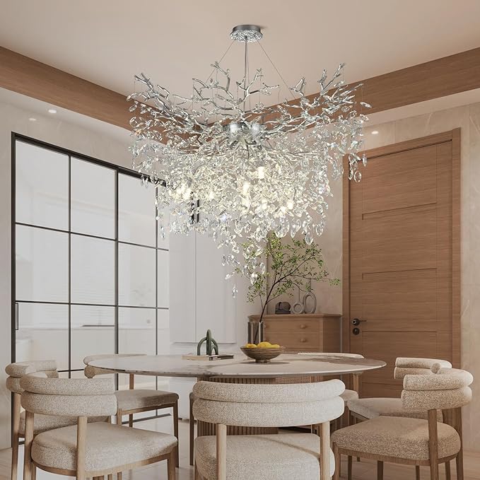 40 inch Crystal Chandelier for Dining Room, Round Silver Tree Branches Chandeliers, Top K9 Crystal Chandelier, Modern Chandeliers for Kitchen,Foyer Entryway,Luxury Adjustable Hanging Chandelier