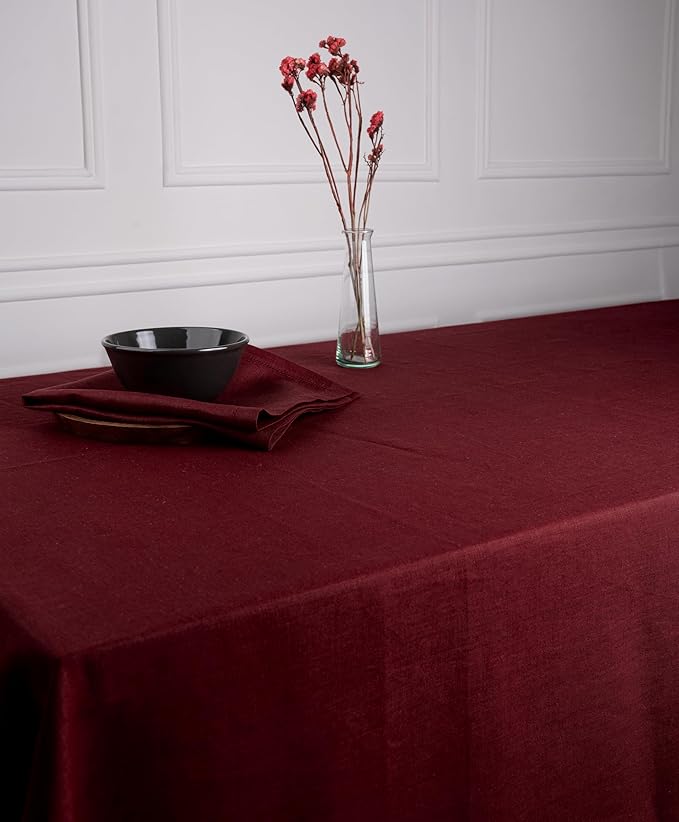 D'Moksha Homes Linen Tablecloth 60 x 132 Inch - 100% Pure Linen Dark Red Tablecloth - Machine Washable Dining Tablecloth for Rectangle Tables