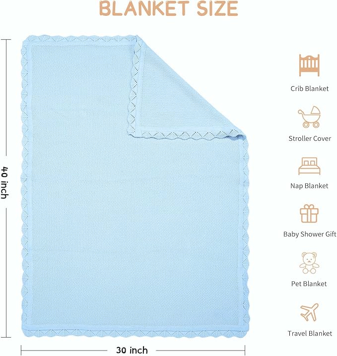 100% Cotton Baby Blanket Knit Lace Soft Warm Toddler Blanket,30 x 40 Inches，Sky Blue