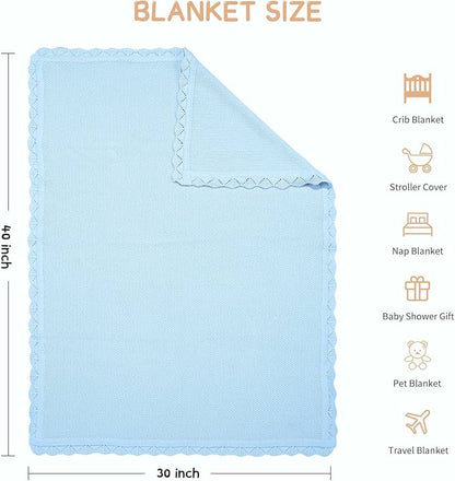 100% Cotton Baby Blanket Knit Lace Soft Warm Toddler Blanket,30 x 40 Inches，Sky Blue