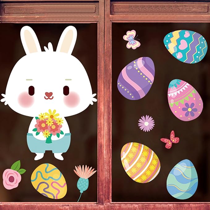 174 PCS Cute Easter Window Cling Stickers for Home Decoration,Easter Bunny Eggs Window Cling Stickers Decals for Kids, Egg Hunt Games Decals Home Party Supplies