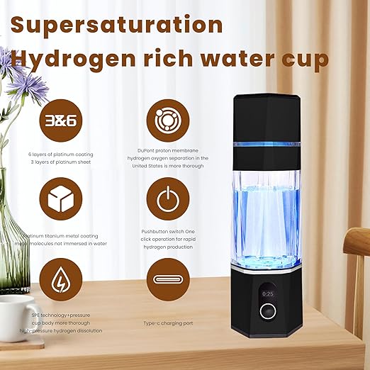 SPE/PEM Hydrogen Rich Water Bottle, Hydrogen Rich Water Flask,Hydrogen Rich Concentration Technology, OLED Display,for Home,Office,traval (Black), zbfc1BLACK