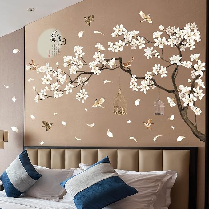 Chinese Style White Flowers Black Tree and Flying Birds Wall Stickers Removable DIY Wall Art Decor Decals Murals for Offices Home Walls Bedroom Study Room Wall Decaoration, 50inchx74inch