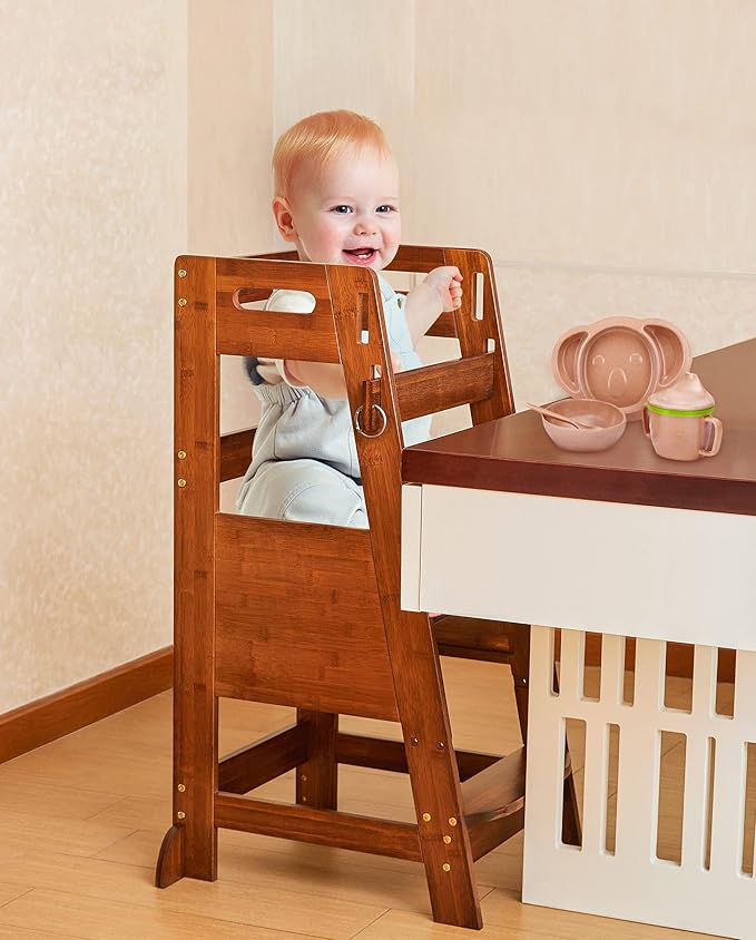 TOETOL Bamboo Toddler Kitchen Step Stool Helper Standing Tower Height Adjustable with Anti-Slip Protection