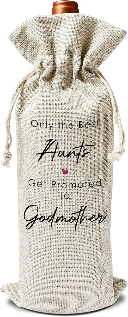 Zodvery Godmother Wine Gift Bags - Only The Best Aunts Get Promoted to Godmother, Baptism - Reusable Burlap With Drawstring Gift Bag (5.5"x 13.5")-1 Pcs/jiu053