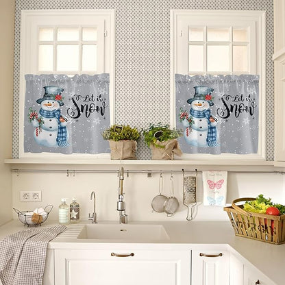 Vandarllin Snowman Christmas Kitchen Curtains and Valances Set, Let It Snow Winter Holiday Windows Treatments Tiers Half/Short Curtains for Small Windows Cafe/Living Room/Bedroom 54x24 in Grey White