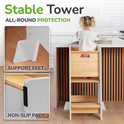 Toddler Tower with a Sliding Door and 3 Adjustable Heights - Complete Toddler Kitchen Stool Helper with Support Feet - Safe Design for 18+ Months to 6-Year-Old Kids - White