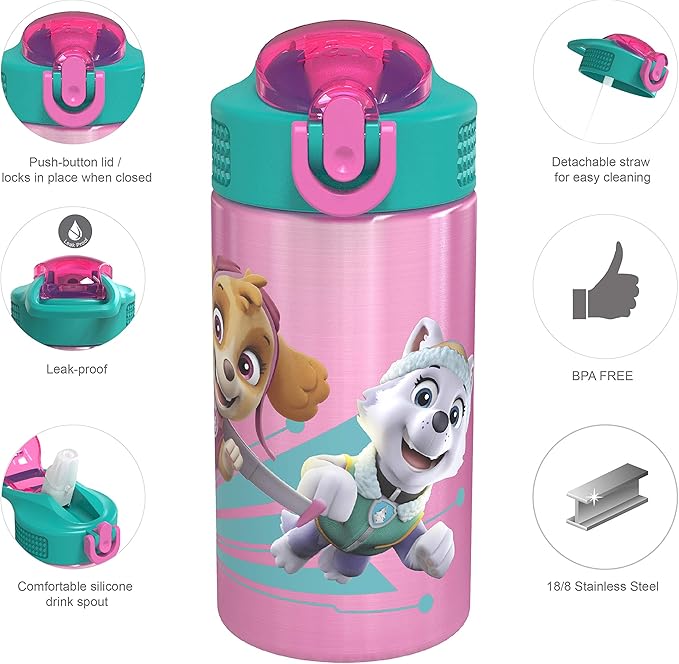 Zak Designs 18/8 Stainless Steel Kids Water Bottle with Flip-up Straw Locking Spout Cover, Durable Cup for Sports or Travel (15.5oz, Paw Patrol Skye),PWPT-S732