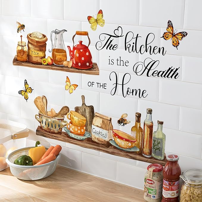 Kitchenware Wall Stickers Teapots Jars Cookie Rice Wall Decals Peel and Stick Kitchen Quote Wall Art Decors for Kitchen Dining Room Restaurant Bar Wall Decor