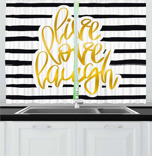 Ambesonne Live Laugh Love Kitchen Curtains, Romantic Design Hand Drawn Stripes and Calligraphic Text, Window Drapes 2 Panel Set for Kitchen Cafe Decor, 55" x 30", Cream Yellow