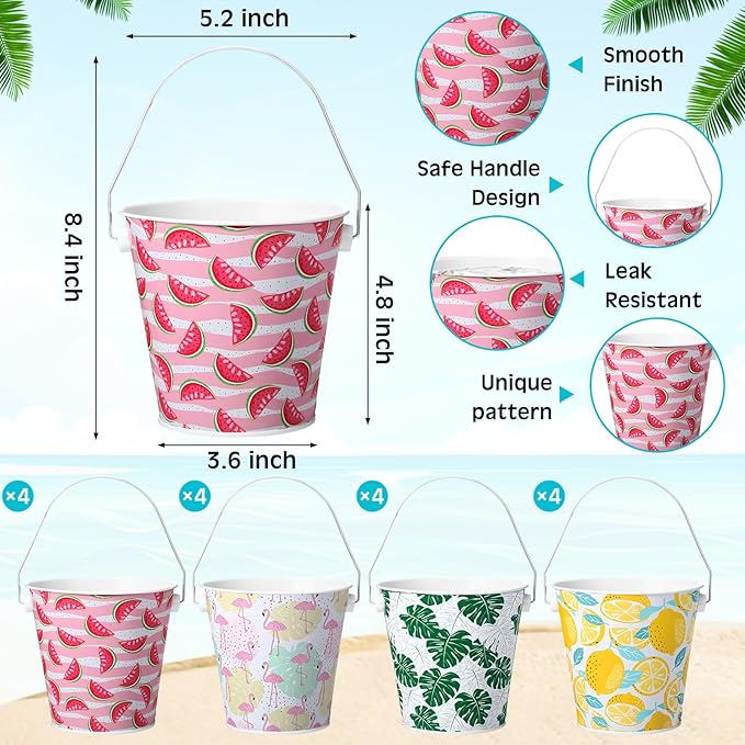 16 Pcs Small Metal Beach Bucket Sand Bucket 4.4 x 5.4 x 6.4 Inches Hawaiian Mini Drink Bucket with Handles for Summer Beach Theme Birthday Party Favors(Fresh)