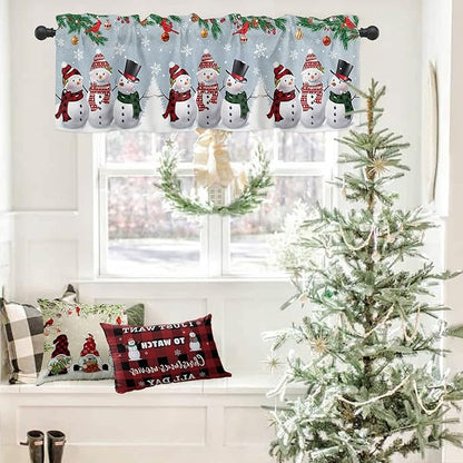 Vandarllin Christmas Valance Kitchen Curtains for Windows, Snowman Cardinal Rod Pocket Valances Window Treatments Bluish Grey Winter Holiday Short Curtains for Bedroom/Living Room, 54" X 18" -1 Panel