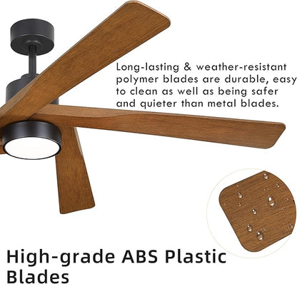 WINGBO 54" ABS DC Ceiling Fan with Lights, 5 Blade ABS Plastic Ceiling Fan with Remote, 6-Speed Reversible DC Motor, LED Ceiling Fan for Kitchen Bedroom Living Room, Black and Walnut