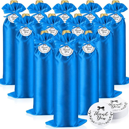 12 Pcs Satin Wine Bags Wine Gift Bags with Drawstrings & Tags, Wine Bottle Bags Reusable Wine Bottle Covers for Christmas, Wedding, Birthday, Travel, Holiday Party, Housewarming, Home Storage (Blue)