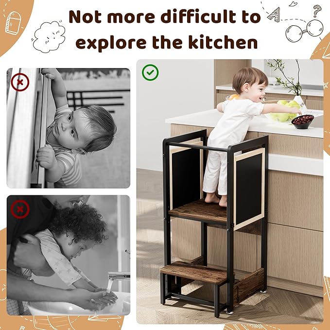 Toddler Kitchen Stool Helper Tower - 4 in 1 Learning Standing Tower for Kitchen Counter, Steel-Wood Toddler Step Stool for 1-3 Kids - Kitchen Kids Helper Stool Adjustable Height, Kitchen Toddler Stand