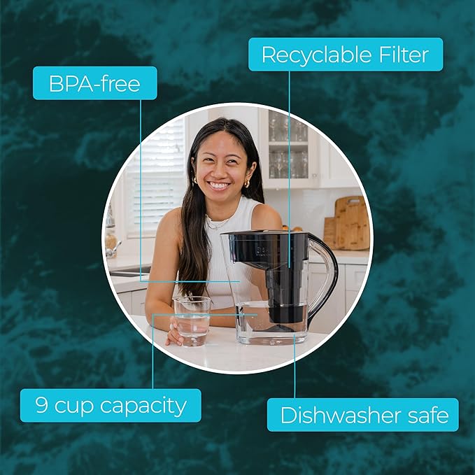 Santevia MINA Alkaline Water Filter Pitcher | 9-Cup at Home Water Filter That Adds Minerals and Makes Water Alkaline | Chlorine and Lead Water Filter | Made in North America