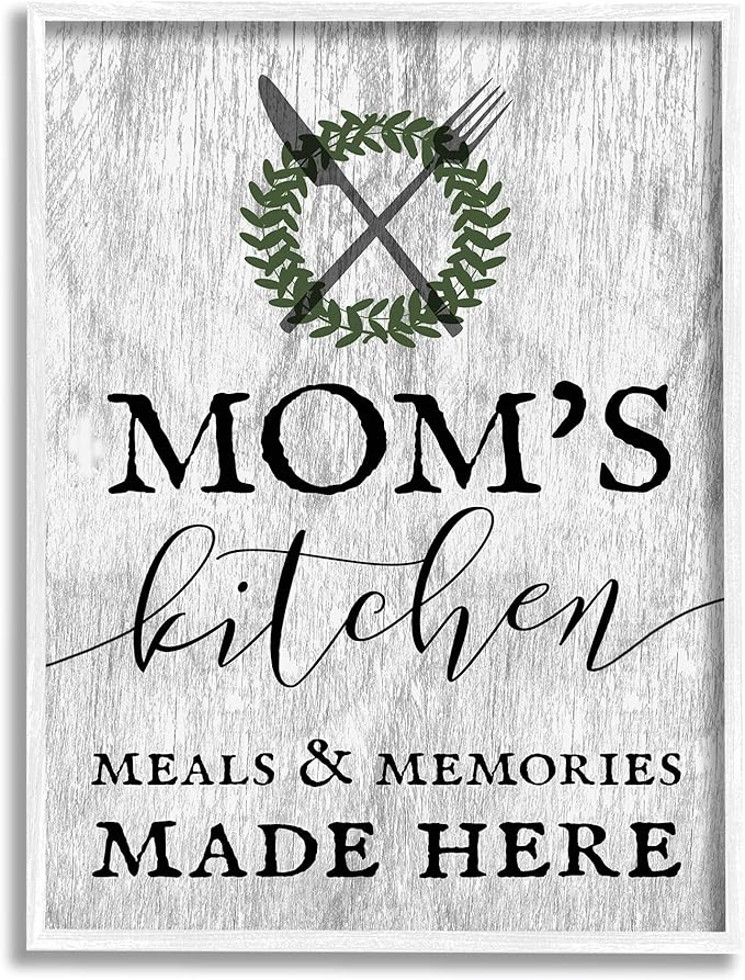 Stupell Industries Mom's Kitchen Meals and Memories, Design by Daphne Polselli White Framed Wall Art, 16 x 20, Grey