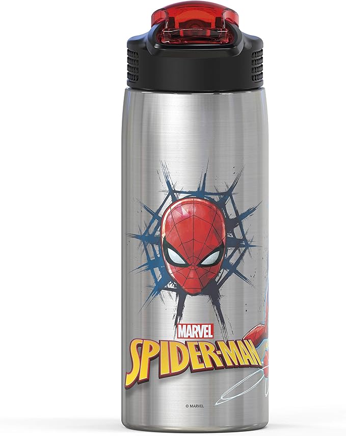 Zak Designs 27oz Marvel 18/8 Single Wall Stainless Steel Water Bottle with Flip-up Straw and Locking Spout Cover, Durable Cup for Sports or Travel (27oz, Spider-Man)