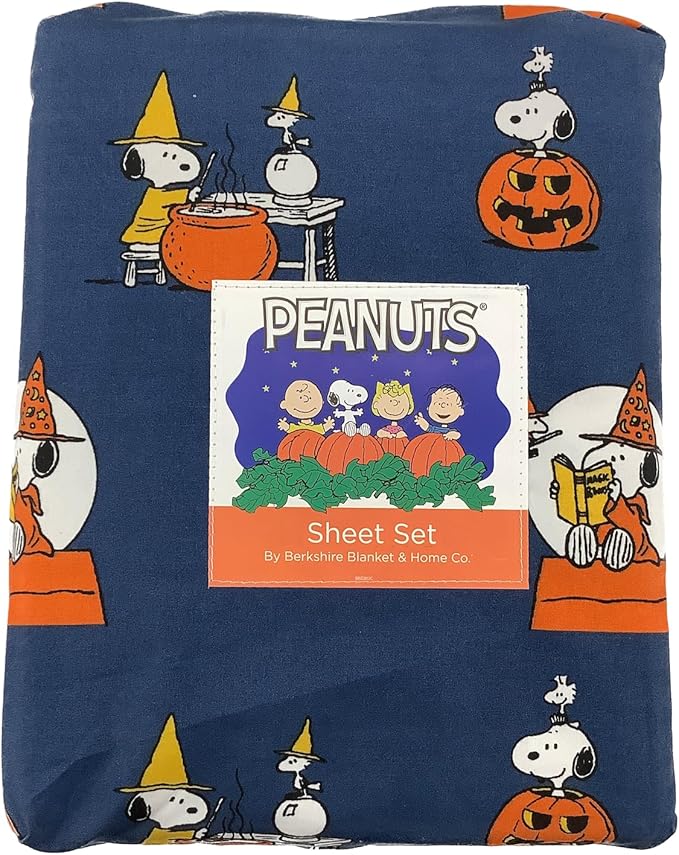 Berkshire Blanket & Home Co. Peanuts Halloween Fall Themed Sheet Sets (Navy - Witch, Cauldron, Pumpkin, Queen)