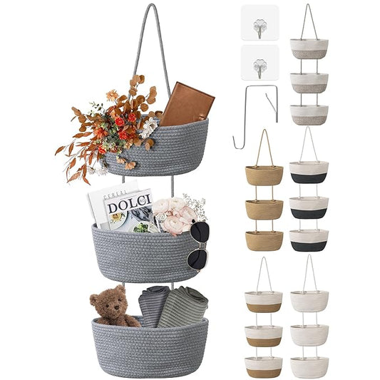 3 Tier Wall Mounted Woven Hanging Basket, Over the Door Hanging Basket with Hooks, Decorative Storage Hanging Closet Removable, Large Wall Basket for Living Room, Bedroom, Kitchen (Gray)