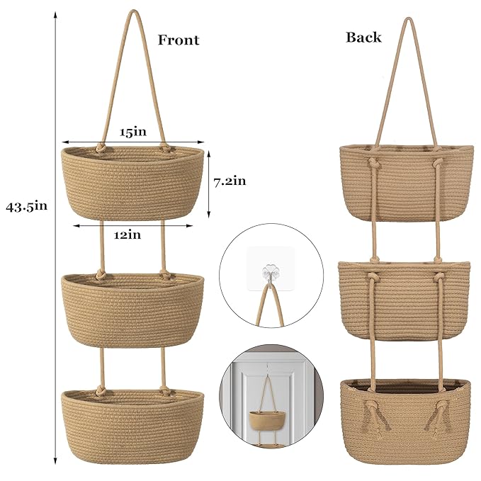 3 Tier Wall Mounted Woven Hanging Basket, Over the Door Hanging Basket with Hooks, Decorative Storage Hanging Closet Removable, Large Wall Basket for Bedroom, Kitchen, RV (White & Camel)