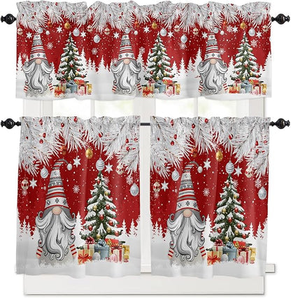 Vandarllin Christmas Gnome Kitchen Curtains and Valances Set, Winter Merry Christmas Tree Balls Windows Treatments Tiers Half/Short Curtains for Small Windows Cafe/Living Room/Bedroom 54x24 in Red