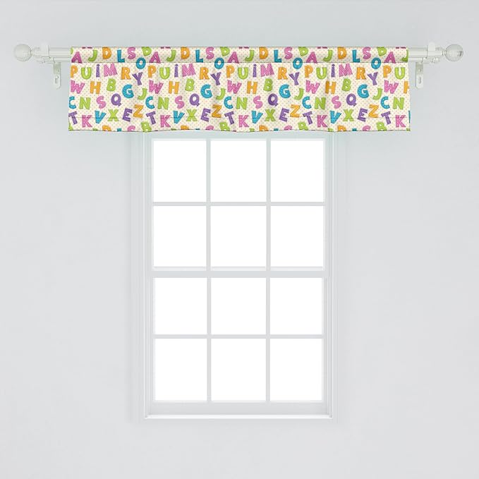 Ambesonne ABC Window Valance, Funny Letters in Lively Colors Cartoon Style ABC Alphabet on Polka Dots Backdrop, Curtain Valance for Kitchen Bedroom Decor with Rod Pocket, 42" x 12", Multicolor