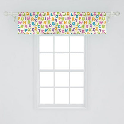 Ambesonne ABC Window Valance, Funny Letters in Lively Colors Cartoon Style ABC Alphabet on Polka Dots Backdrop, Curtain Valance for Kitchen Bedroom Decor with Rod Pocket, 42" x 12", Multicolor