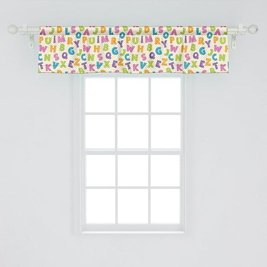 Ambesonne ABC Window Valance, Funny Letters in Lively Colors Cartoon Style ABC Alphabet on Polka Dots Backdrop, Curtain Valance for Kitchen Bedroom Decor with Rod Pocket, 42" x 12", Multicolor