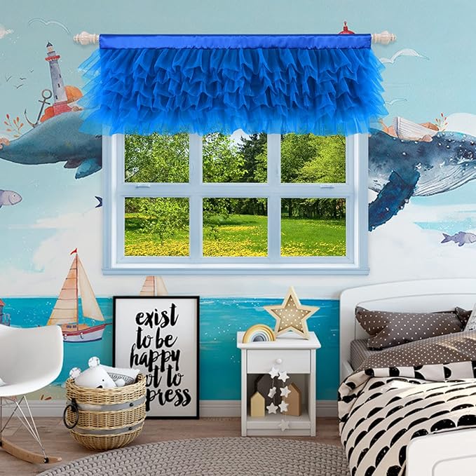 Besutolife Blue Tulle Valances Curtain Ruffle Window Valance for Baby Boy Nursery Room Home Event Designs Window Decorations