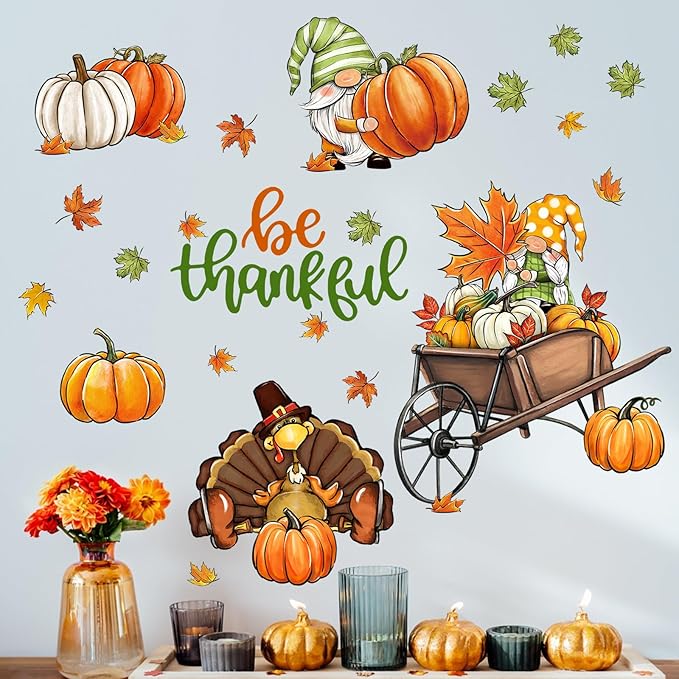 Mfault Thanksgiving Gnome Turkey Wall Decals Stickers, Be Thankful Fall Pumpkins Maple Leaves Decorations Bedroom Art, Autumn Harvest Season Farmhouse Home Kitchen Decor