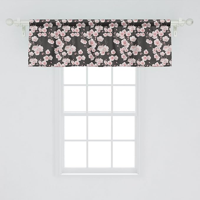 Ambesonne Cherry Blossom Window Valance, Fresh Nature Theme Branches with Blooms and Buds Rustic Japanese, Curtain Valance for Kitchen Bedroom Decor with Rod Pocket, 42" x 18", Dark Brown Blush White