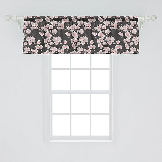 Ambesonne Cherry Blossom Window Valance, Fresh Nature Theme Branches with Blooms and Buds Rustic Japanese, Curtain Valance for Kitchen Bedroom Decor with Rod Pocket, 42" x 18", Dark Brown Blush White